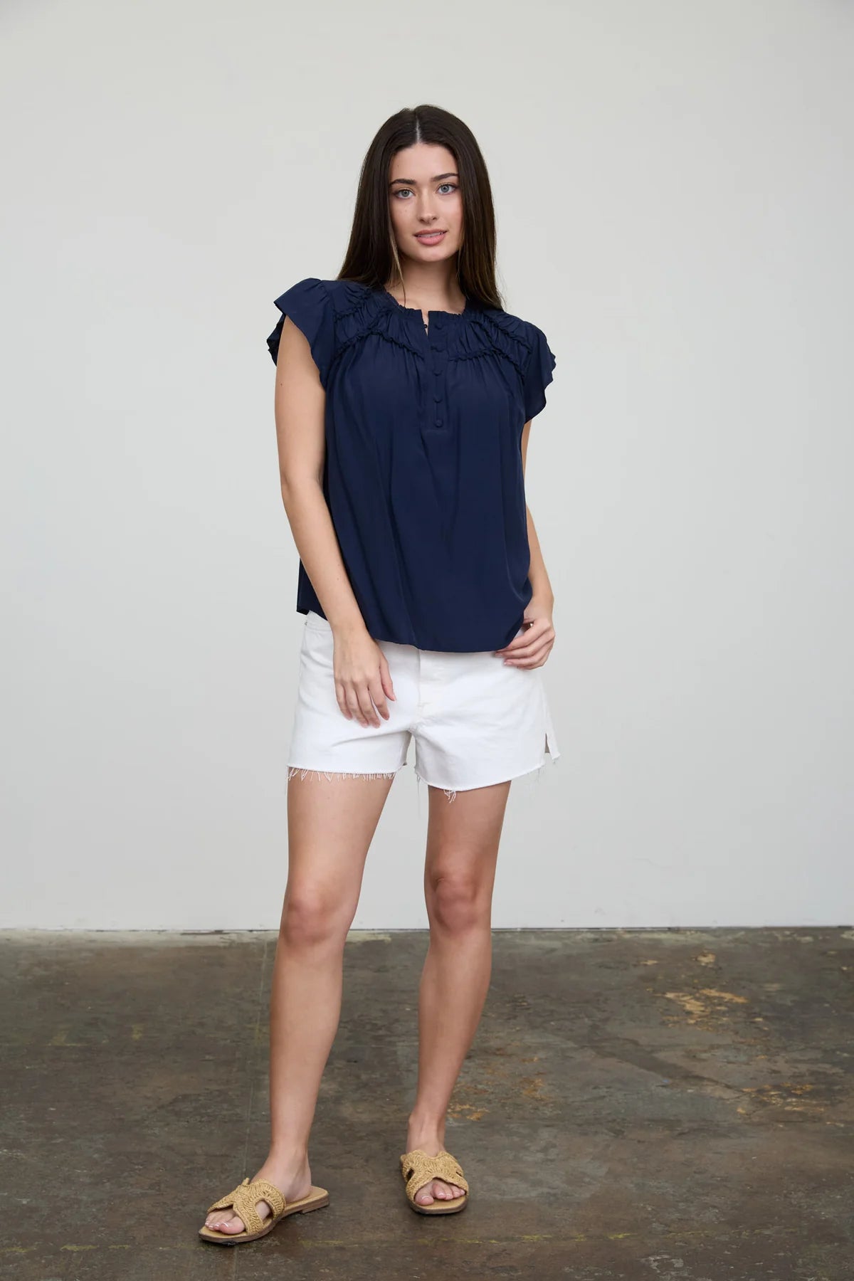 Ruffled Yoke SSL Henley Blouse in Navy by Blu Pepper
