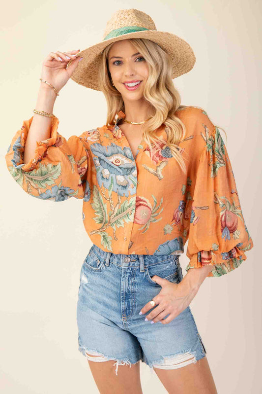 Floral 3/4 Length Gathered Balloon Sleeves Blouse in Coral by GiGio