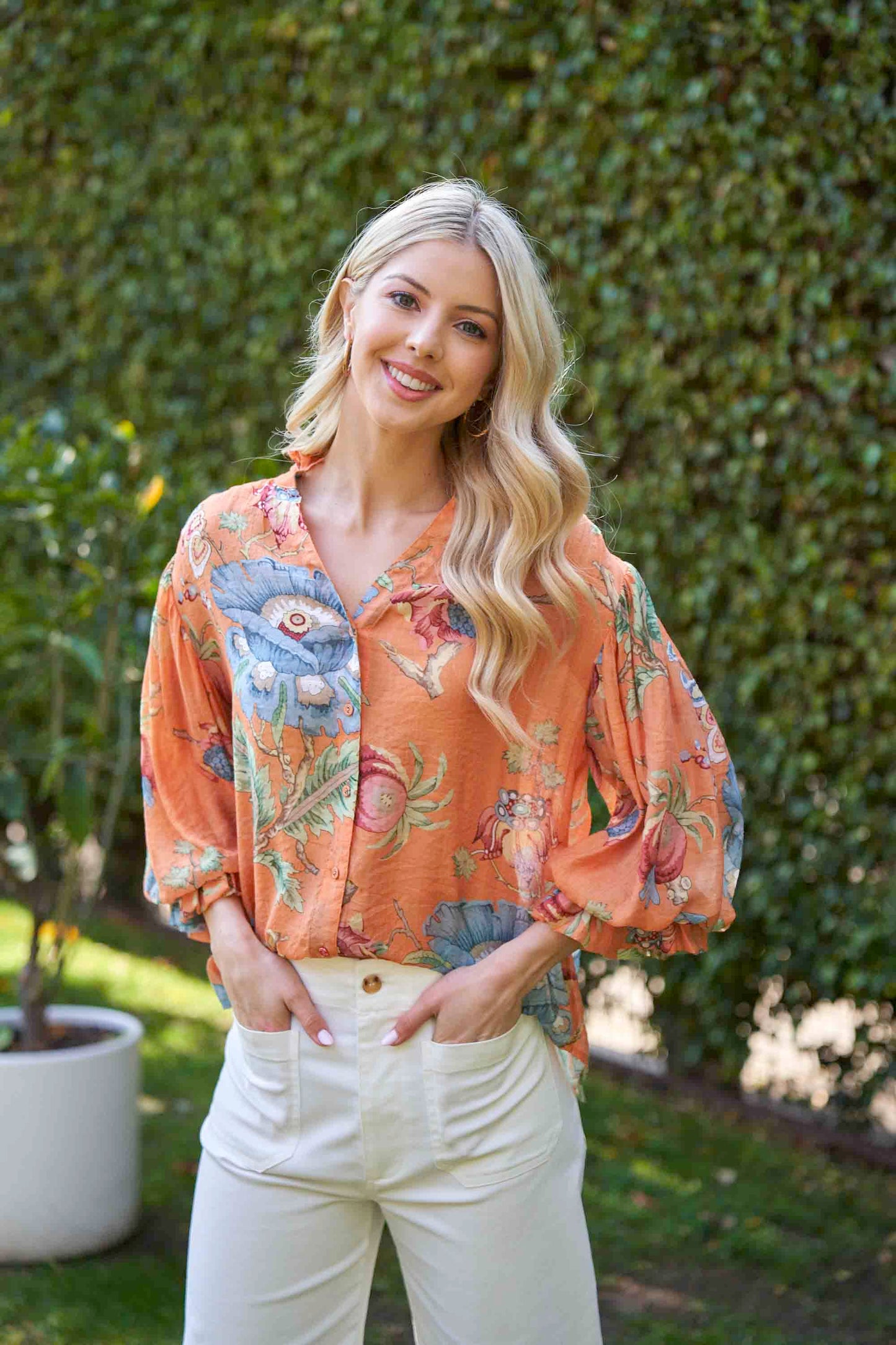 Floral 3/4 Length Gathered Balloon Sleeves Blouse in Coral by GiGio