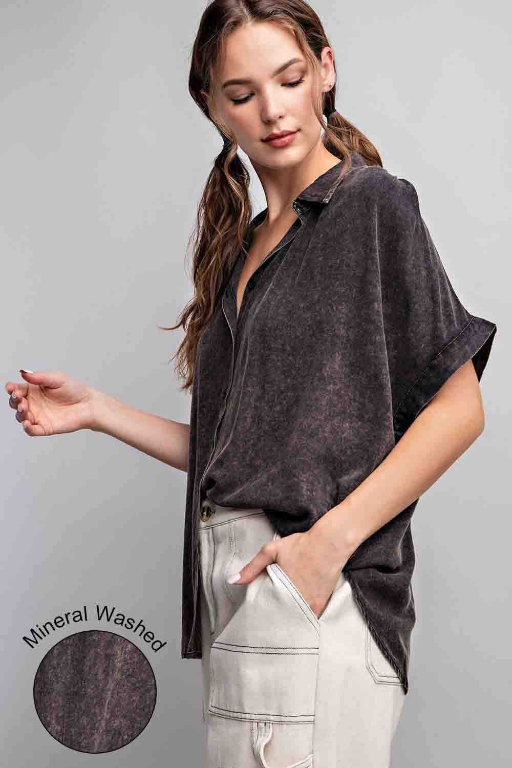 Mineral Washed Button Down Blouse by ee:some