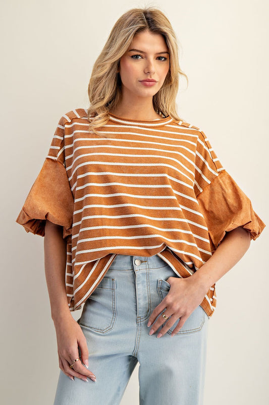 Striped Puff Sleeve Round Neck Top by ee:some