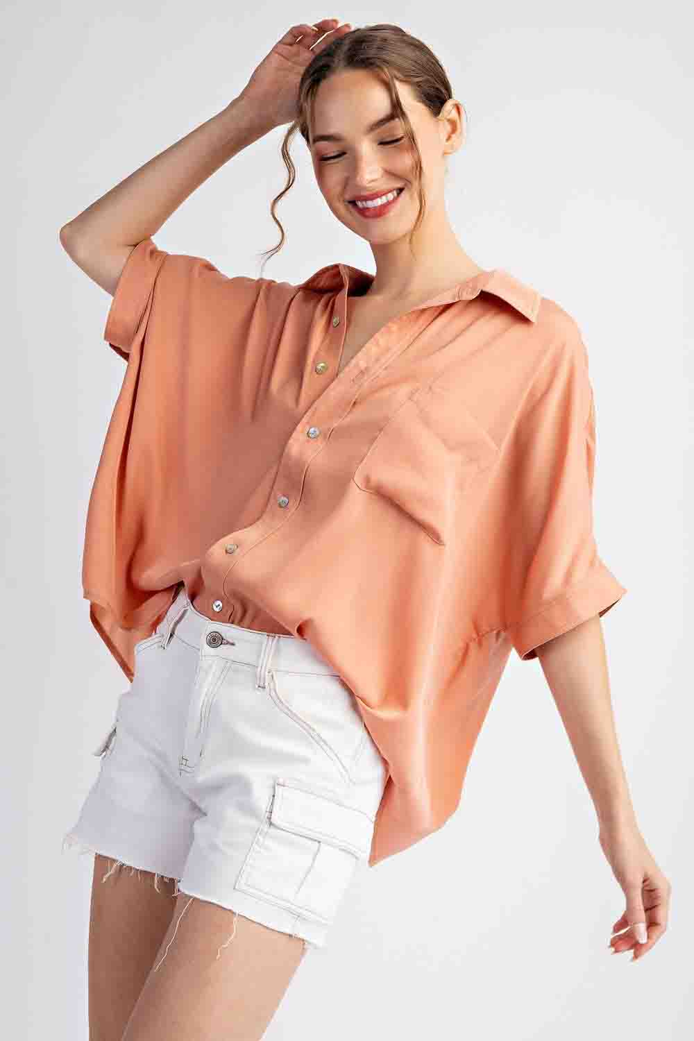 Short Sleeve Solid Button Down Top in Apricot by ee:some