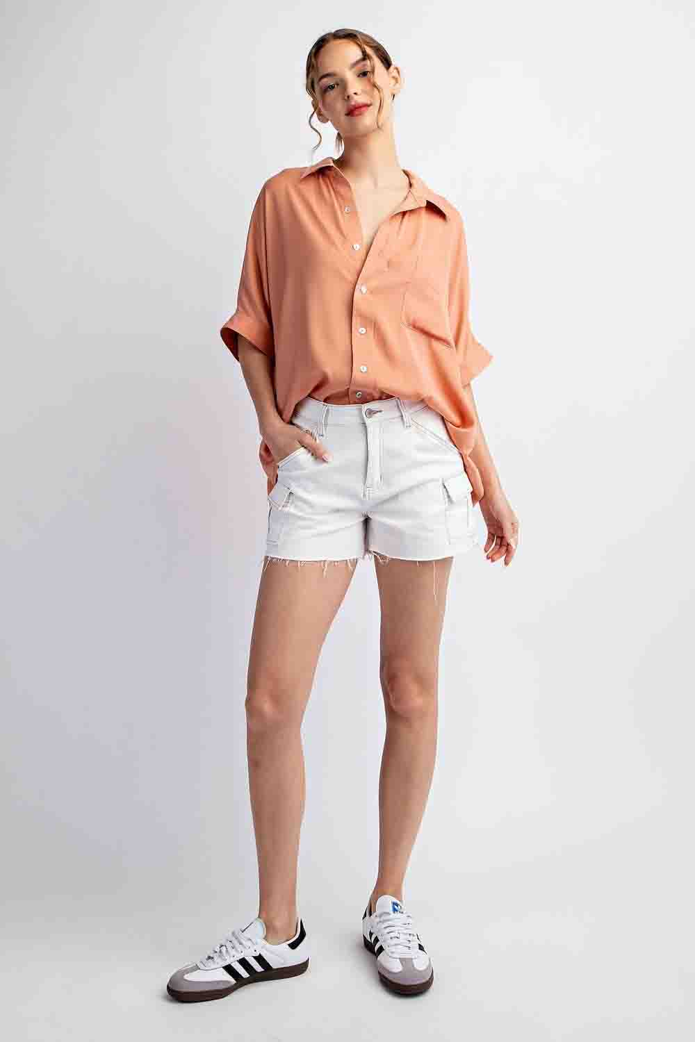 Short Sleeve Solid Button Down Top in Apricot by ee:some
