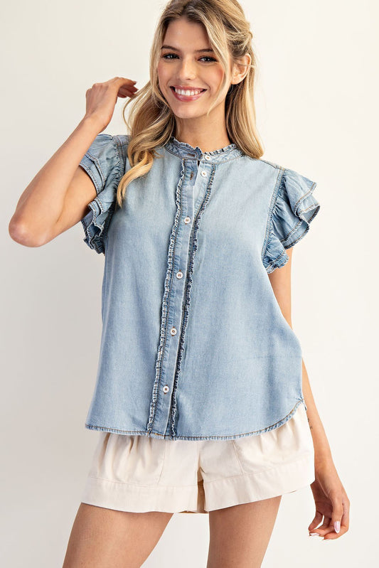 Washed Ruffle Trim Flutter Sleeve Chambray Blouse by ee:some