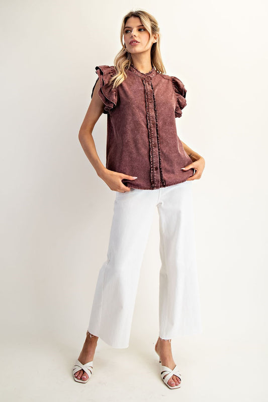 Washed Ruffle Trim Flutter Sleeve Blouse by ee:some