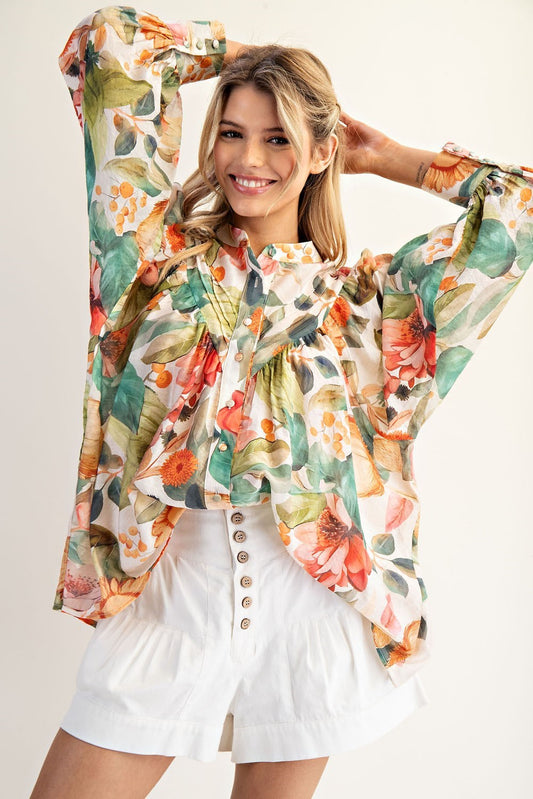 Floral Printed Button Down Shirt Top by ee:some