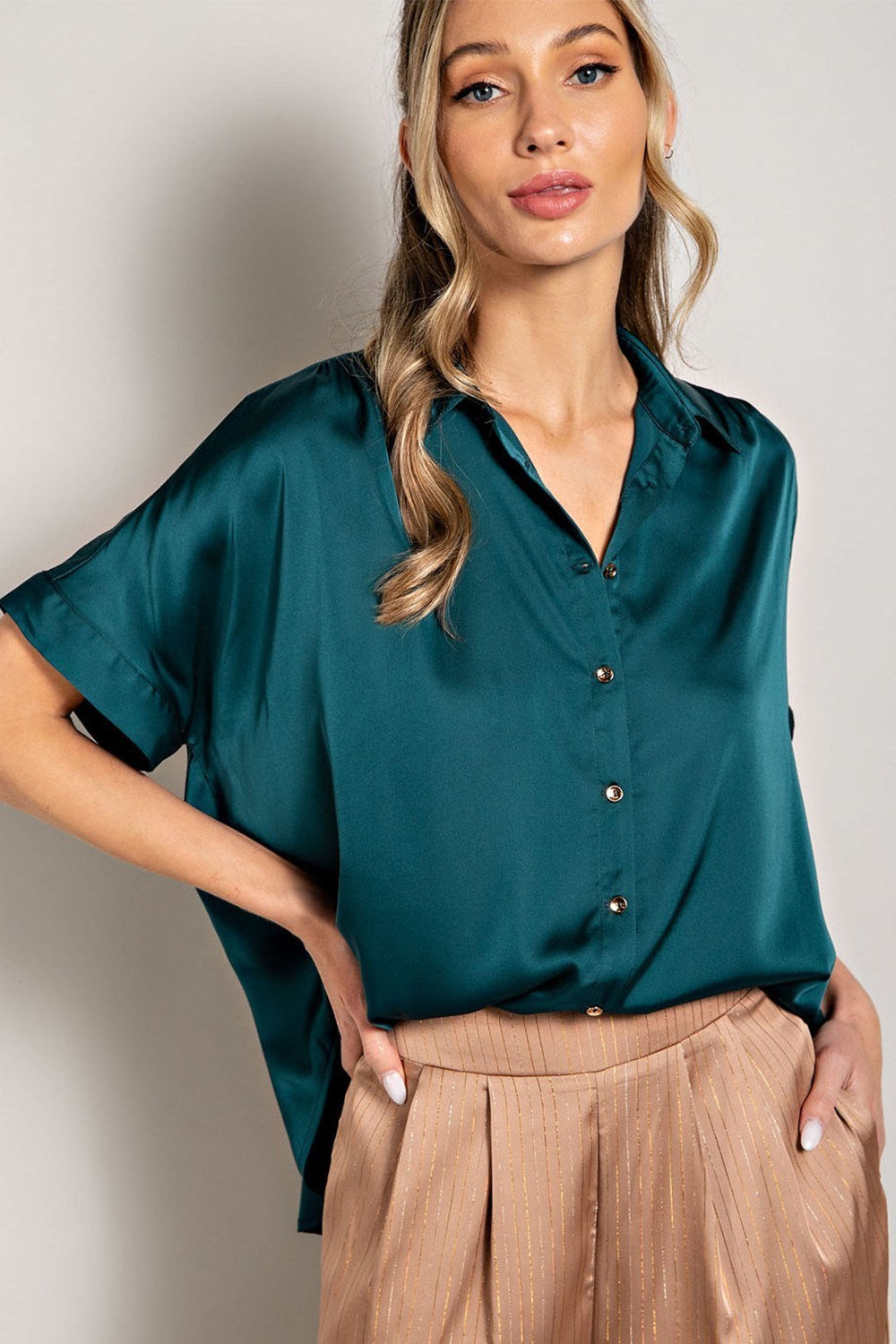 Satin Short Sleeve Button Down Shirt in Teal by ee:some