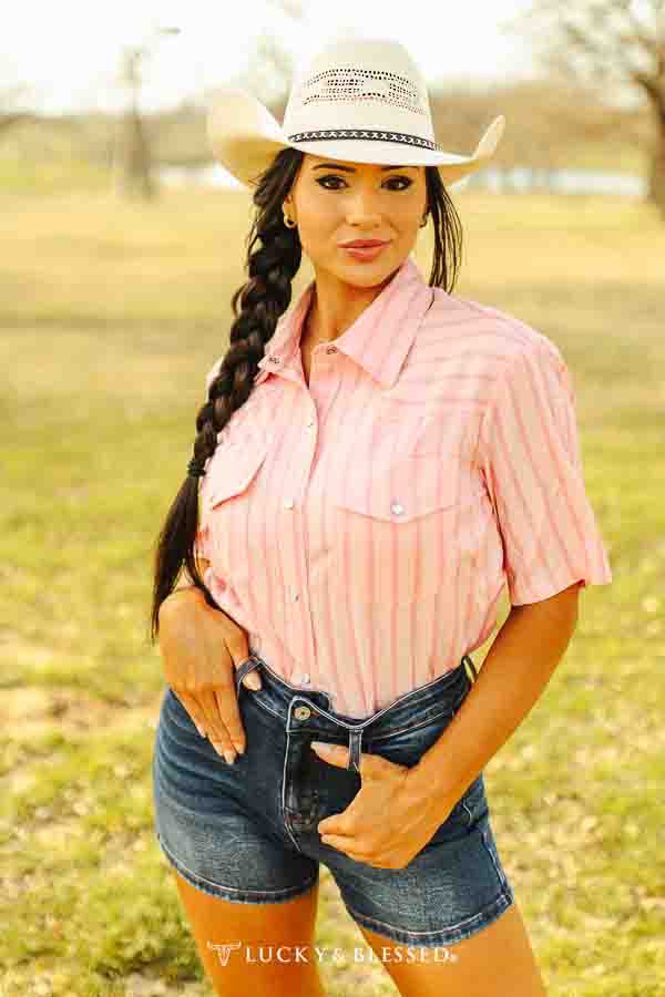 Pearl Snap Striped Button Down Crop Top in Pink by Lucky & Blessed