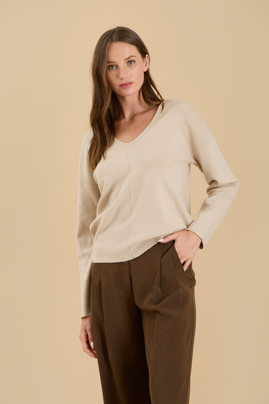 Solid V Neck Front Seam Knit Sweater by Blu Pepper