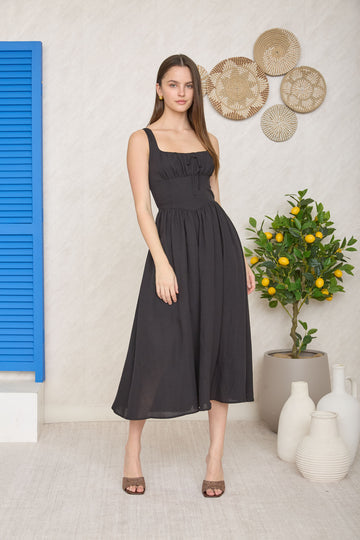 Square Neck Front Tie Corset Detail Midi Dress by blu pepper