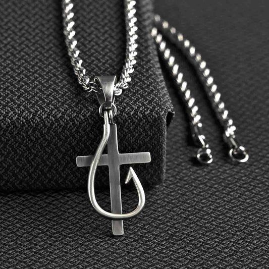 Twister Cross and Fish Hook Silver Necklace