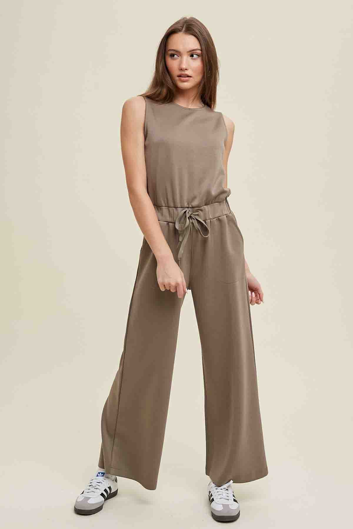 Wide Leg Scuba Sleeveless Jumpsuit with Drawstring  in Olive by Wishlist
