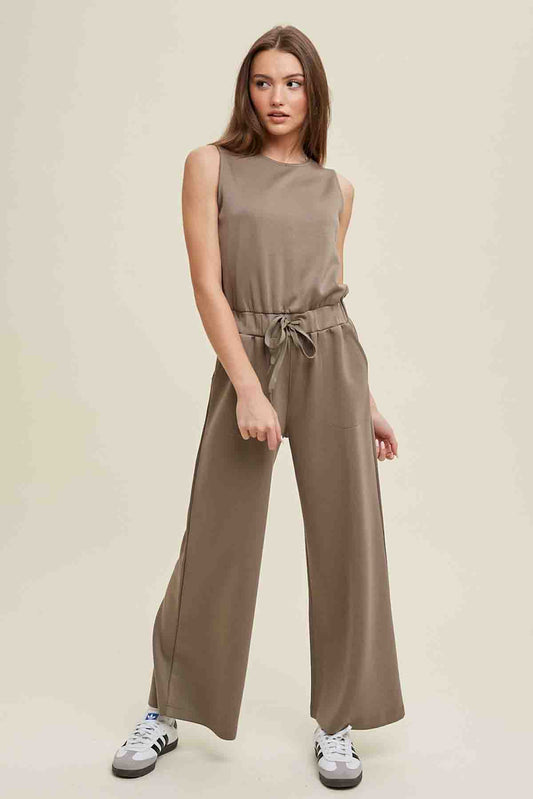 Wide Leg Scuba Sleeveless Jumpsuit with Drawstring  in Olive by Wishlist