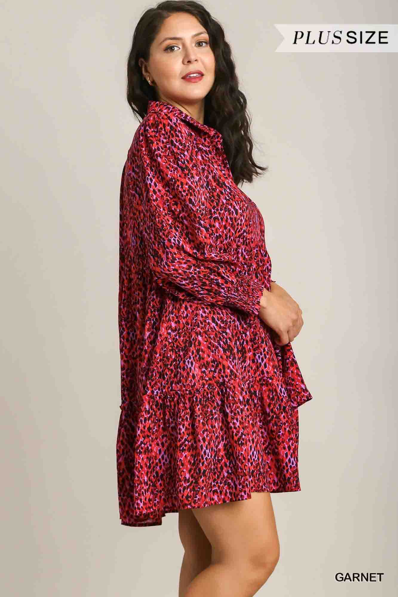 Mixed Print Collared Long Sleeve Plus Dress with Ruffle Trim Detail in Garnet by Umgee