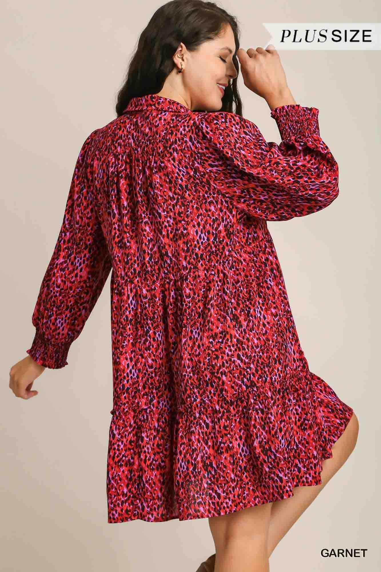 Mixed Print Collared Long Sleeve Plus Dress with Ruffle Trim Detail in Garnet by Umgee
