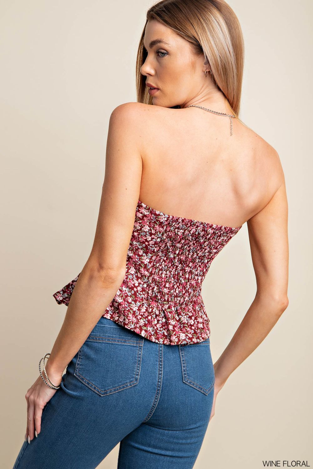 Wine Floral Corset with Smocked Back