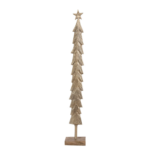 Cast Metal Christmas Tree w/ Mango Wood Base, Brass Finish by Creative Co-Op