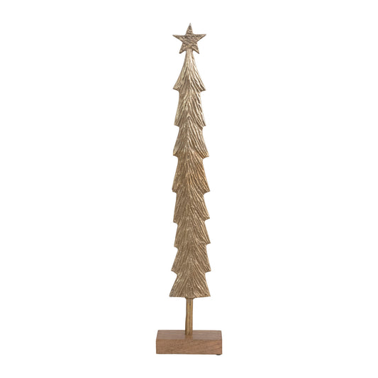 Cast Metal Christmas Tree w/ Mango Wood Base, Brass Finish