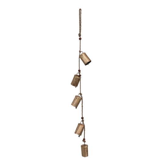28"H Hanging Metal Bells with Wood Beads and Jute Rope, Antique Brass Finish by Creative Co-Op