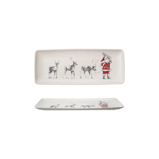 Stoneware Serving Platter with Santa Leading Reindeer Image by Creative Co-Op