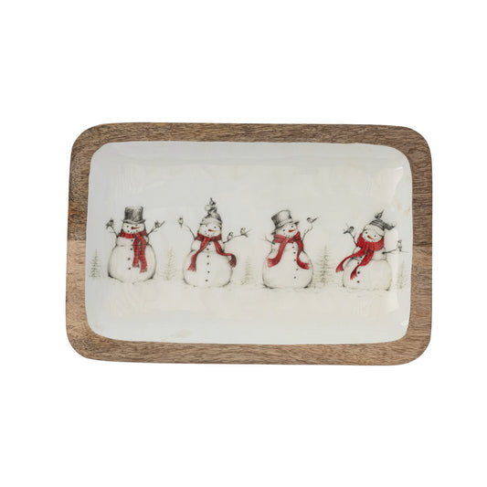 Enameled Mango Wood Tray with Snowmen & Birds Image by Creative Co- Op