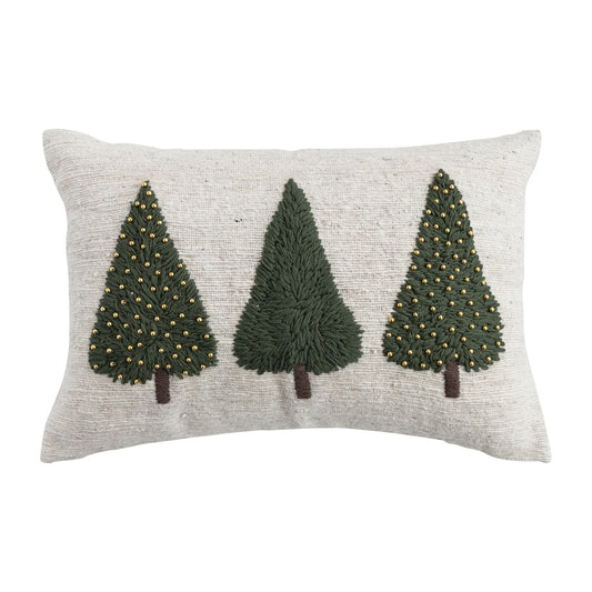 Hand-Woven & Wool Lumbar Pillow with Embroidered Trees & Beads by Creative Co-Op
