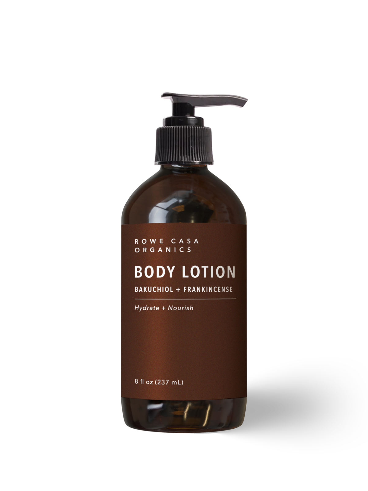 Rowe Casa Organics Body Lotion 8 oz with Bakuchiol + Frankincense, a hydrate and nourish formula in a brown pump bottle.