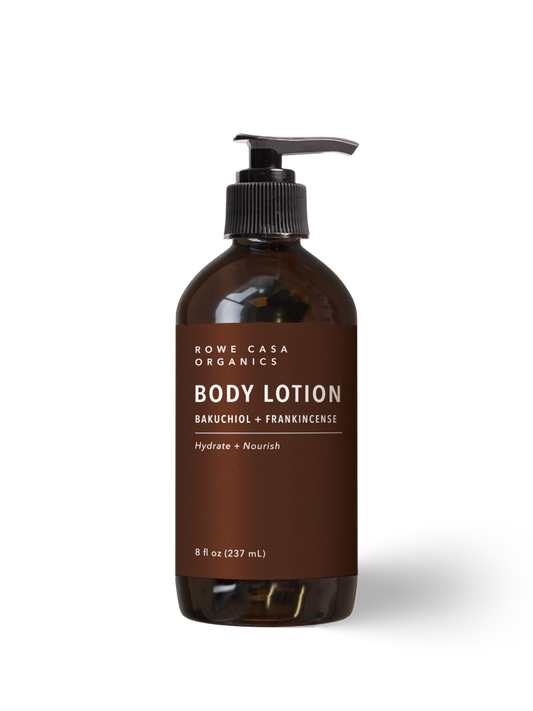 Rowe Casa Organics Body Lotion 8 oz with Bakuchiol + Frankincense, a hydrate and nourish formula in a brown pump bottle.