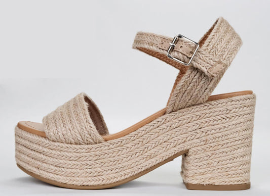 Castle Jute Espadrille Bohemian Platform Wedge Heels in Light Tan by Soda Shoes