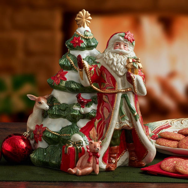 8 Oak Lane Red Santa Cookie Jar with a Christmas tree, deer, cardinal, and teddy bear, ready for holiday treats.