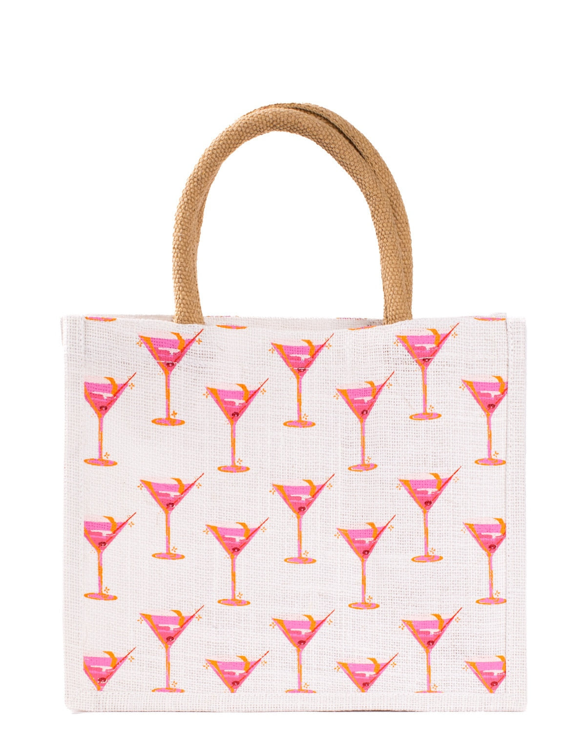 Cosmo Girl Gift Tote by The Royal Standard. White tote bag with pink and orange martini glass print and rope handles.