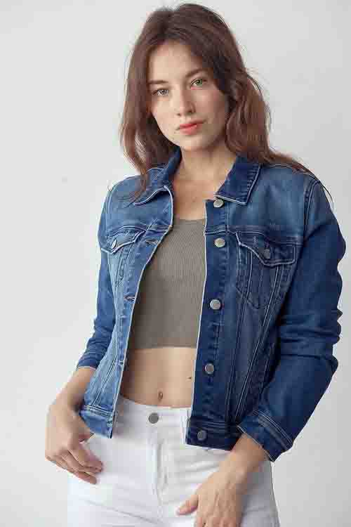 Plus Size Vintage Washed Denim Jacket Dark Blue by Risen