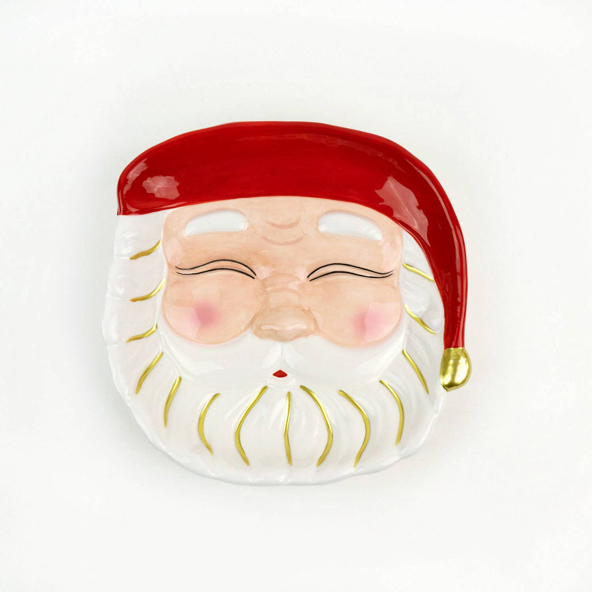 Dessert Plate - Santa - Red | 8 Oak Lane. Festive Santa head plate with red hat, white beard, and gold accents.