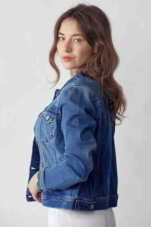 Plus Size Vintage Washed Denim Jacket Dark Blue by Risen