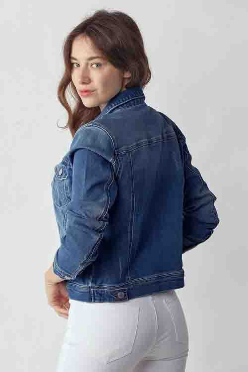 Plus Size Vintage Washed Denim Jacket Dark Blue by Risen
