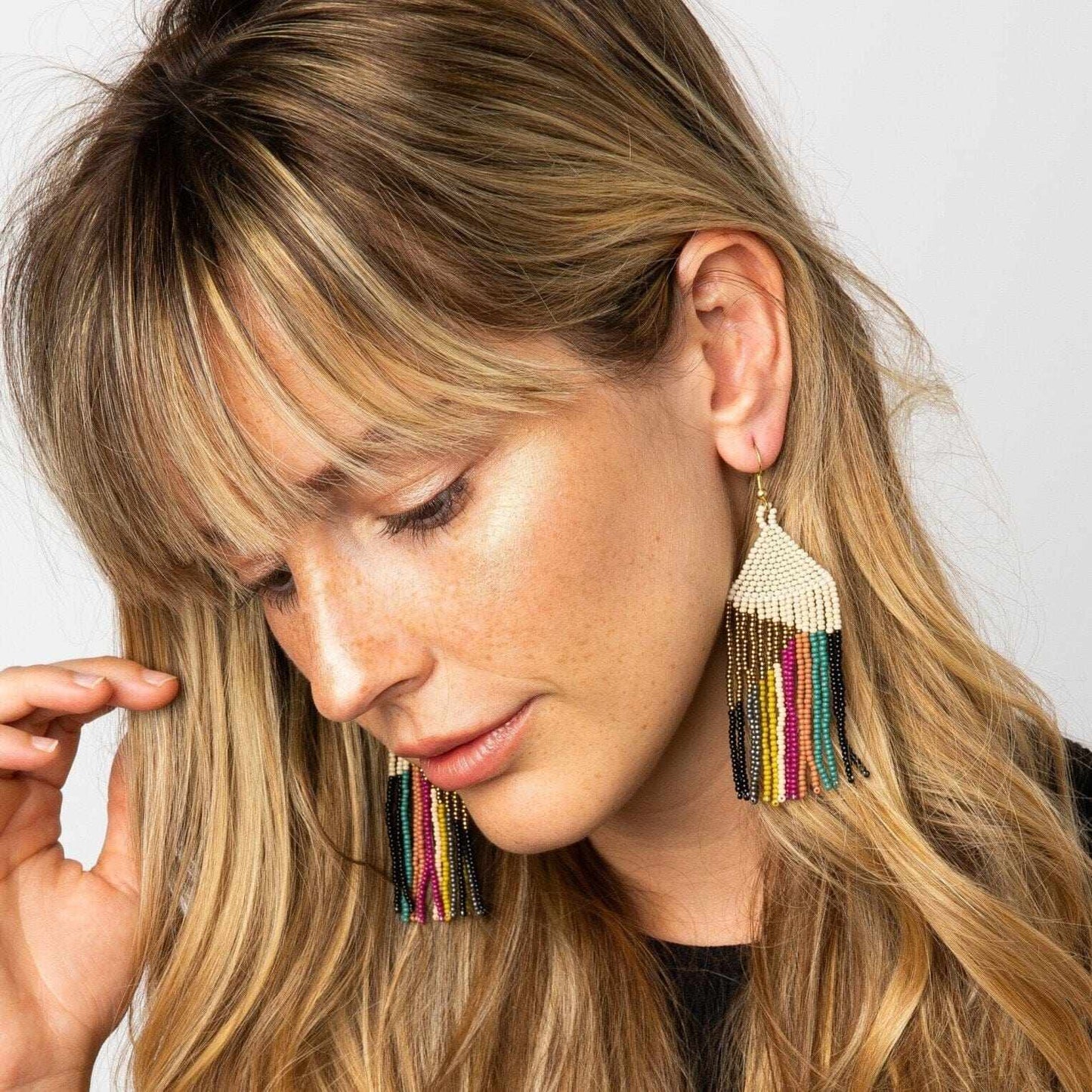 Elise Angle with Stripes Beaded Fringe Earrings by Ink + Alloy
