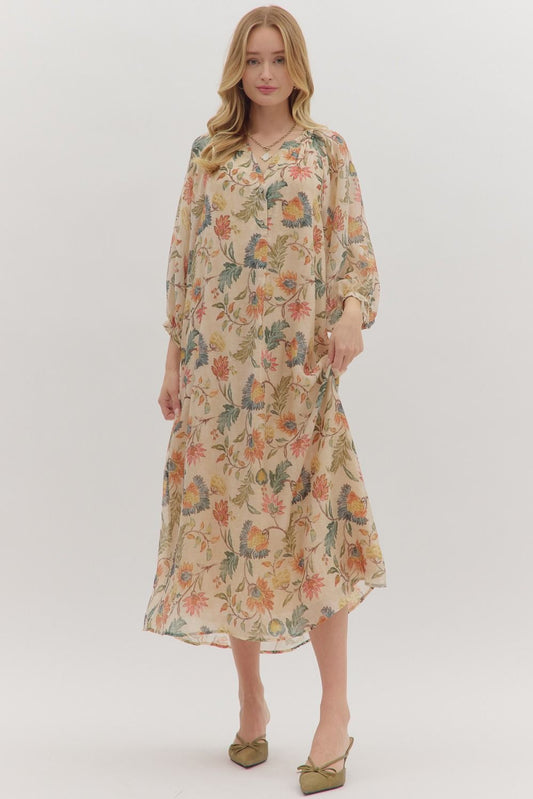 Botanical Print Long Sleeve Midi Dress by Entro