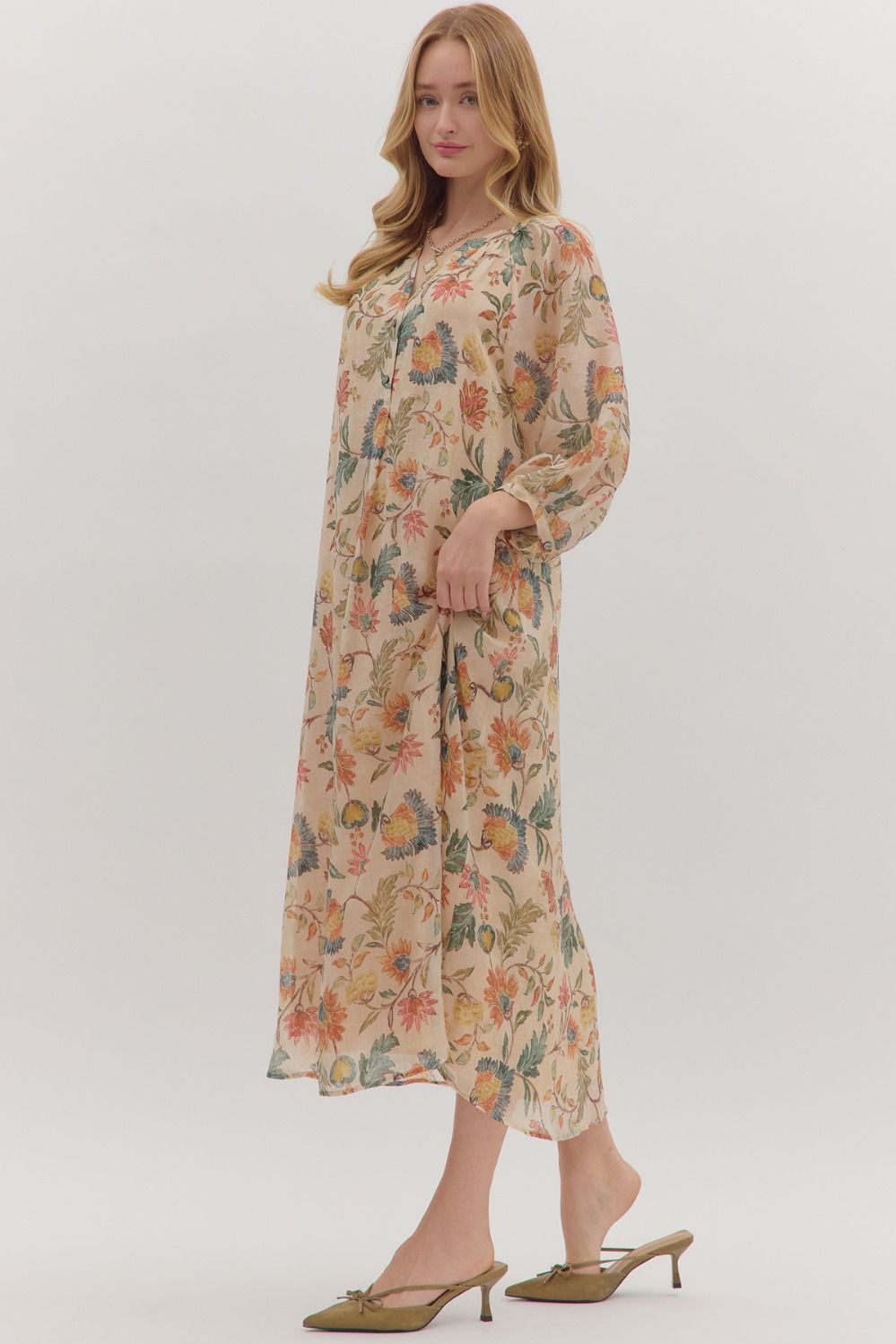 Botanical Print Long Sleeve Midi Dress by Entro