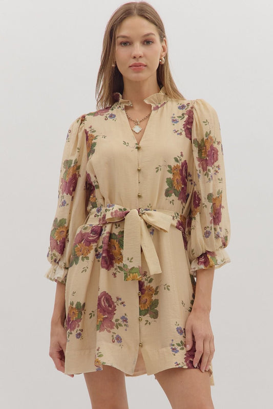 Floral Print Puff 3/4 Sleeve Mini Dress by Entro