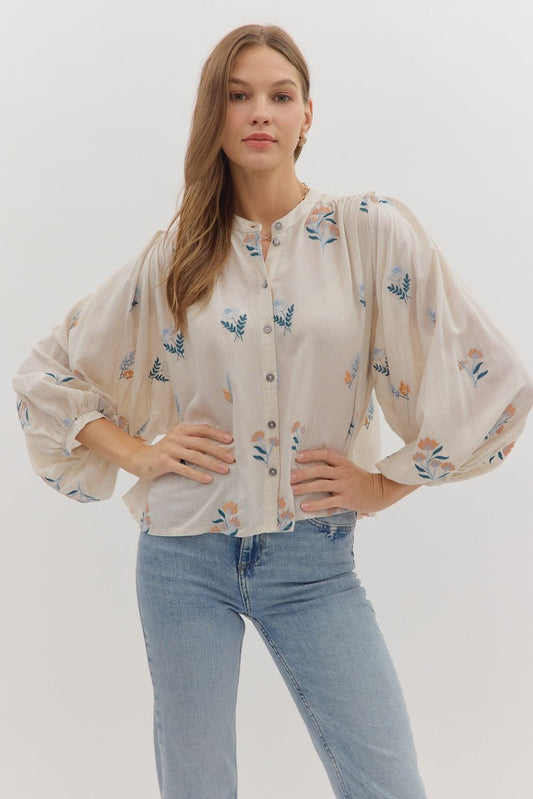 Floral Embroidery Long Sleeve Top by Entro