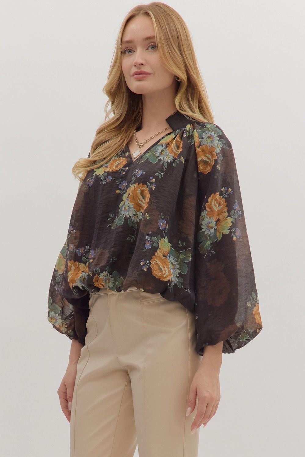 Floral Print Long Sleeve Top in Chocolate by Entro