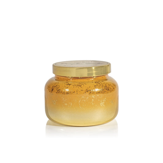 Capri Blue Pumpkin Dulce Glimmer Signature Candle in a golden glitter jar with a matching gold lid on white background.