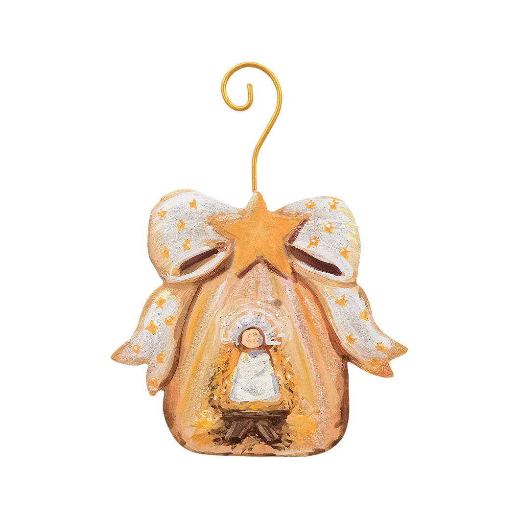 Gold Bow Manger & Baby Jesus Ornament with glitter details, a star, and a gold hanging hook