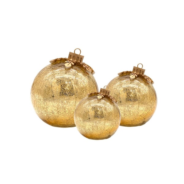 Gold Embossed Nested Ornaments, S/3. Set of three gold crackled glass Christmas tree ornaments in various sizes.