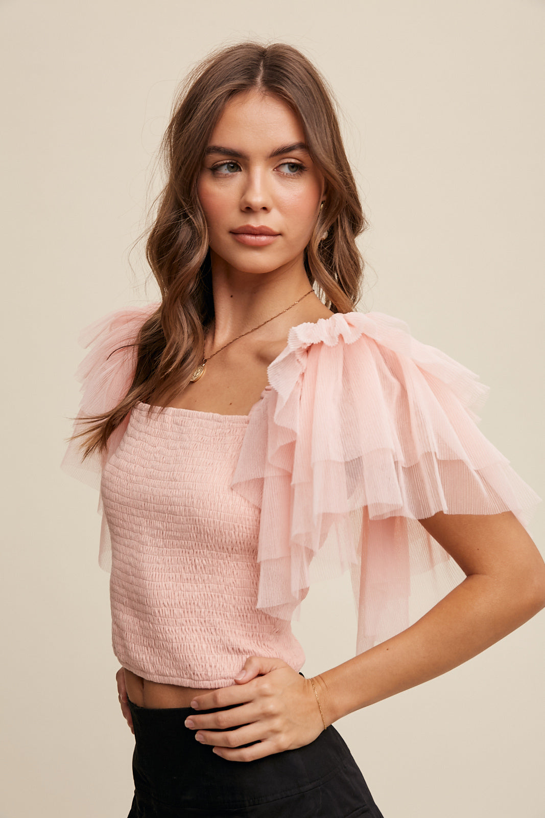 Tiered Ruffle Sleeve Smocked Square Neck Crop Top in Blush Pink by Listicle