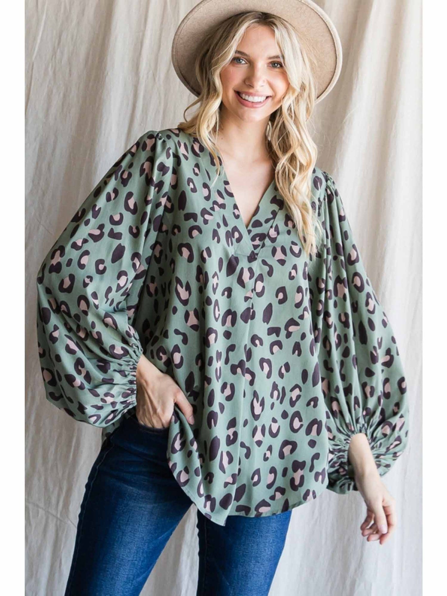 Leopard Print V-Neckline Top with Bubble Sleeves by Jodifl