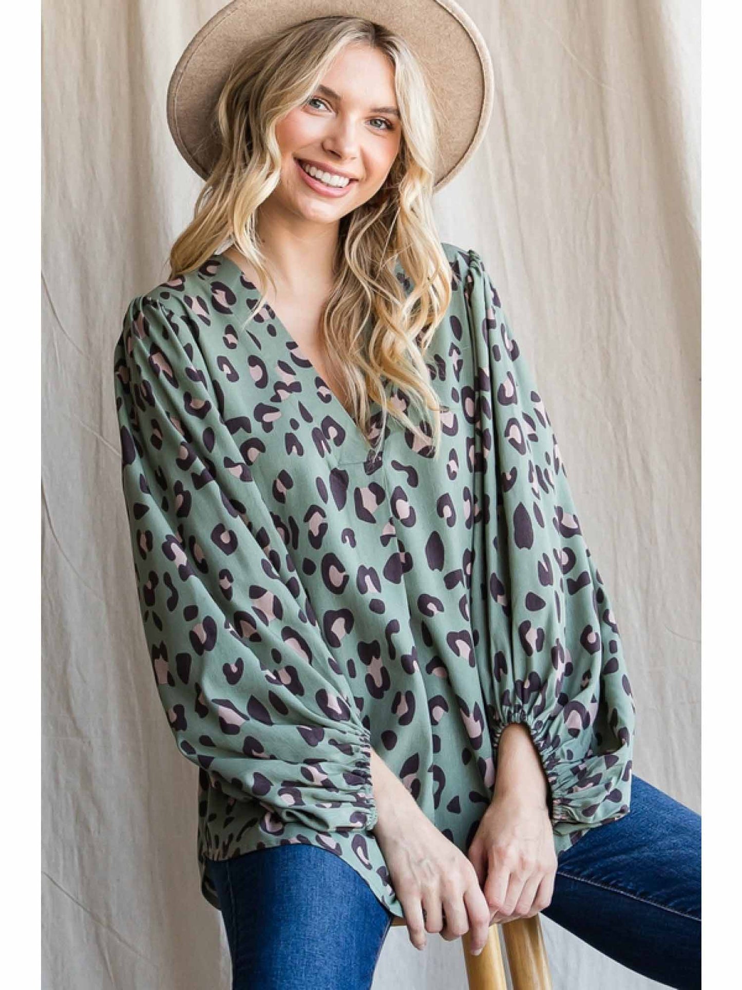 Leopard Print V-Neckline Top with Bubble Sleeves by Jodifl