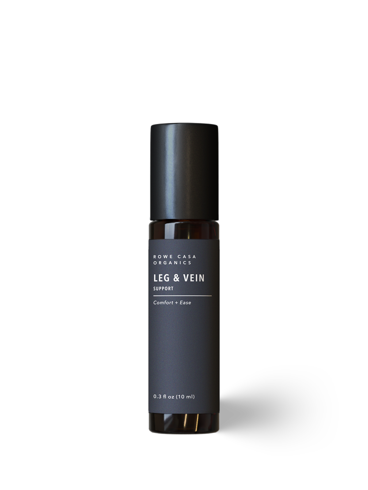 Rowe Casa Organics Leg & Vein Support 10 ml roller bottle for comfort and ease, dark amber glass with black label.