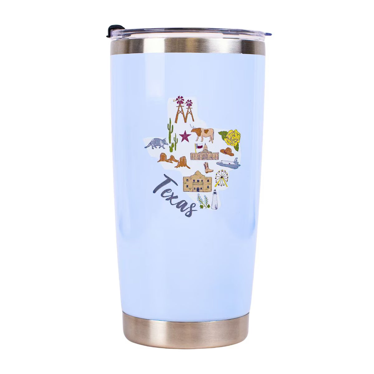 Light blue Lone Star State Tumbler with a colorful Texas map graphic featuring icons like The Alamo, longhorn, and armadillo.