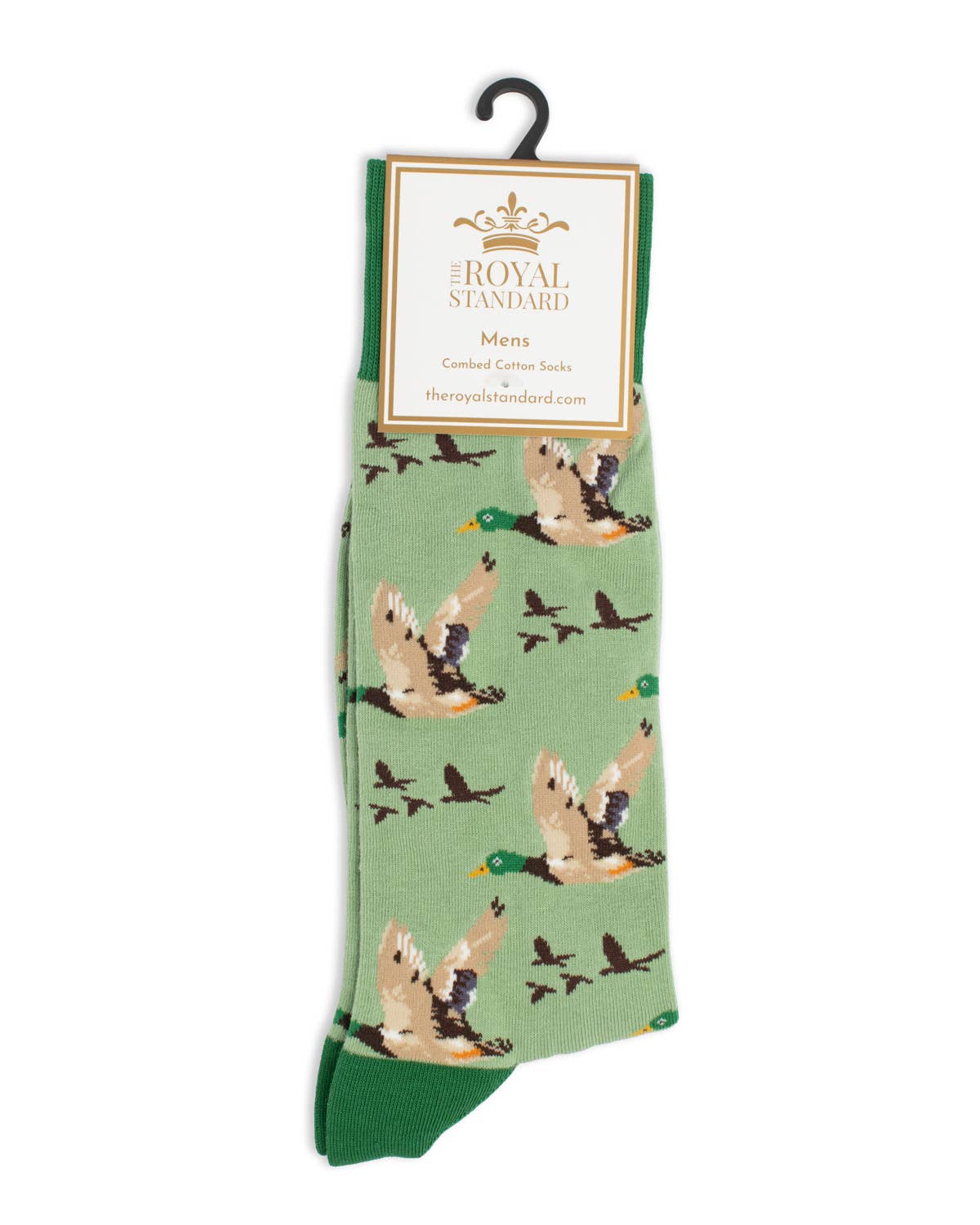 Men's Flying Mallard Socks by The Royal Standard. Green combed cotton socks with a pattern of flying mallard ducks.
